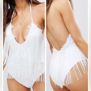 ASOS BRIDAL Fringe Applique Halter Plunge Swimsuit size 10 NWOT
